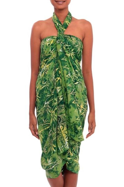 Alternate image for Leaf Motif Batik Rayon Sarong in Green from Bali Dawning Mystery in Green