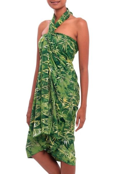 Alternate image for Leaf Motif Batik Rayon Sarong in Green from Bali Dawning Mystery in Green