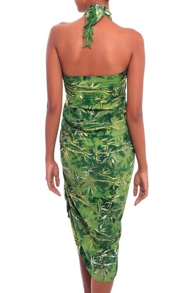 Alternate image for Leaf Motif Batik Rayon Sarong in Green from Bali Dawning Mystery in Green