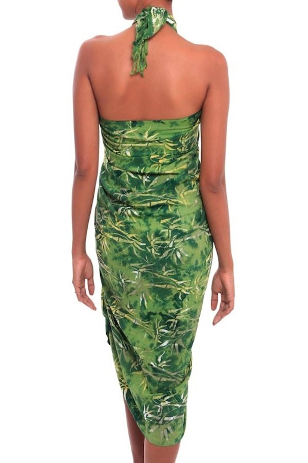 Alternate image for Leaf Motif Batik Rayon Sarong in Green from Bali Dawning Mystery in Green