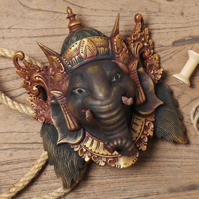 Alternate image for Artisan Crafted Acacia Wood Mask of Ganesha from Bali Bestower of Happiness