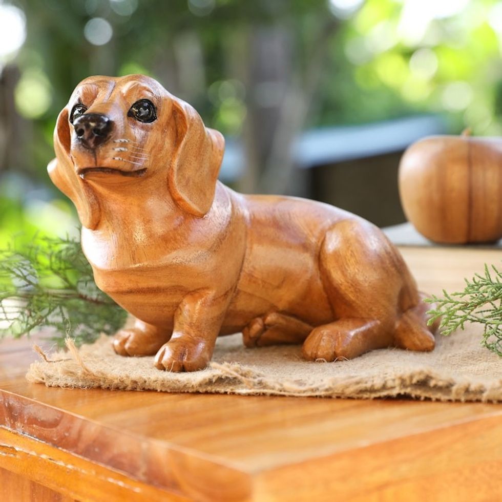 Hand-Carved Wood Figurine of Stretching Brown Dachshund 'Happy Brown Dachshund'