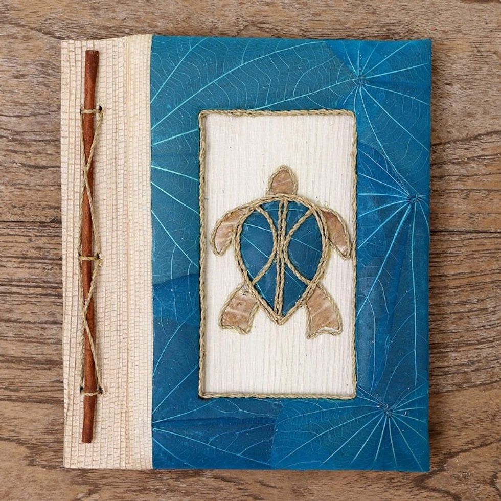 Blue Natural Fiber Turtle-Motif Journal 'Tortoise Thoughts in Blue'