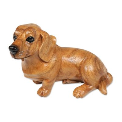 Alternate image for Hand-Carved Wood Figurine of Stretching Brown Dachshund Happy Brown Dachshund