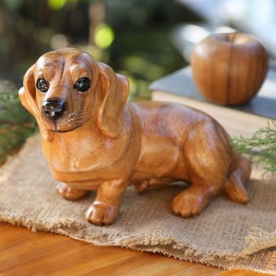 Alternate image for Hand-Carved Wood Figurine of Stretching Brown Dachshund Happy Brown Dachshund