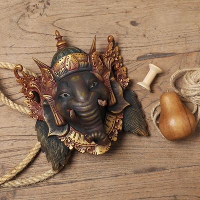 Alternate image for Artisan Crafted Acacia Wood Mask of Ganesha from Bali Bestower of Happiness