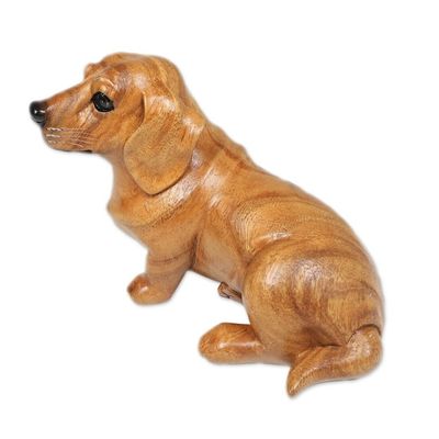 Alternate image for Hand-Carved Wood Figurine of Stretching Brown Dachshund Happy Brown Dachshund