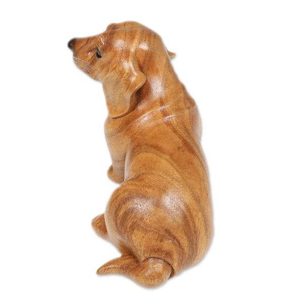 Alternate image for Hand-Carved Wood Figurine of Stretching Brown Dachshund Happy Brown Dachshund