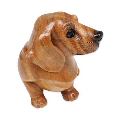 Alternate image for Hand-Carved Wood Figurine of Stretching Brown Dachshund Happy Brown Dachshund