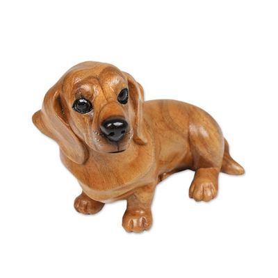 Alternate image for Hand-Carved Wood Figurine of Stretching Brown Dachshund Happy Brown Dachshund