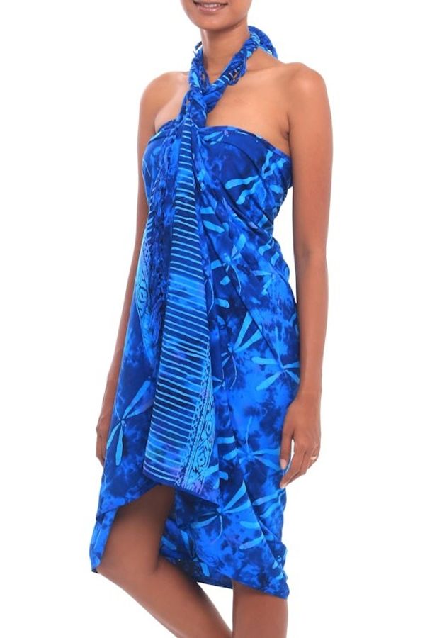 Alternate image for Batik Rayon Sarong in Blue from Bali Dragonfly River
