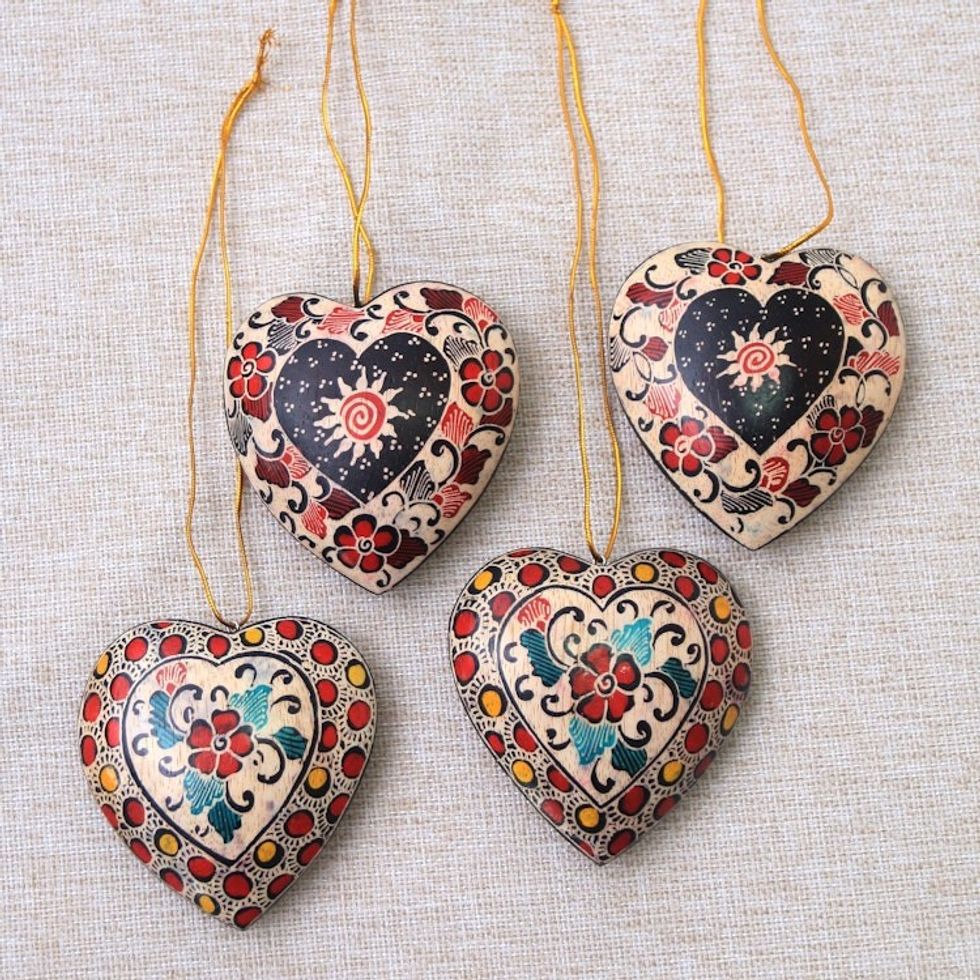 Floral Batik Wood Heart Ornaments from Java Set of 4 'Heart Flowers'