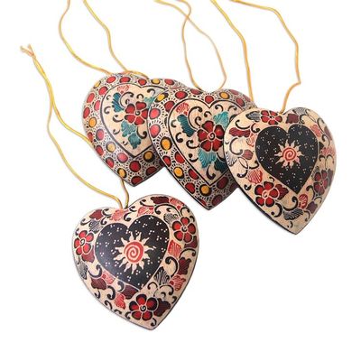 Alternate image for Floral Batik Wood Heart Ornaments from Java Set of 4 Heart Flowers