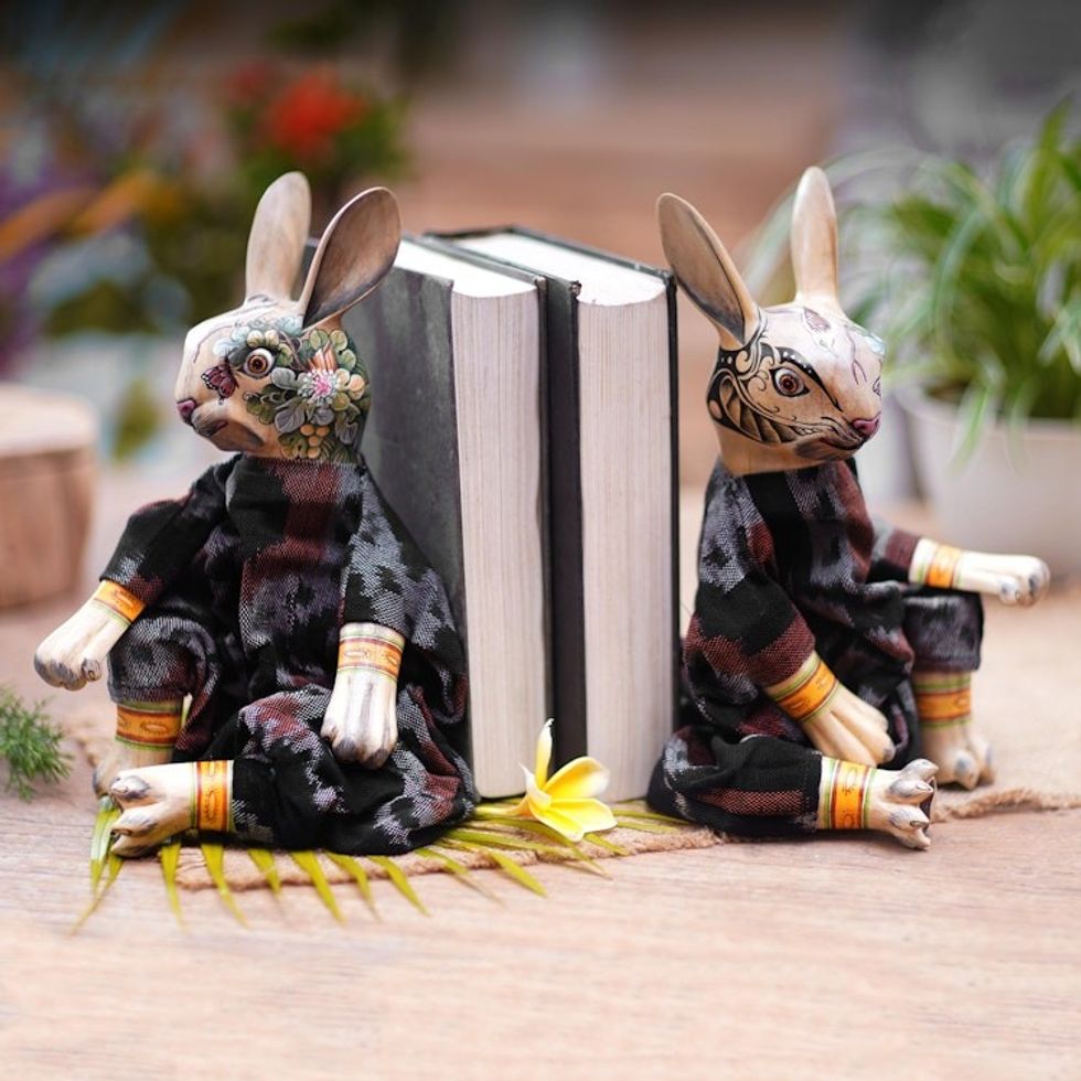 Indonesian Wood Rabbit Bookends Pair 'Rabbits Like to Read'