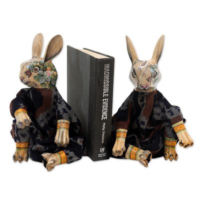Alternate image for Indonesian Wood Rabbit Bookends Pair Rabbits Like to Read