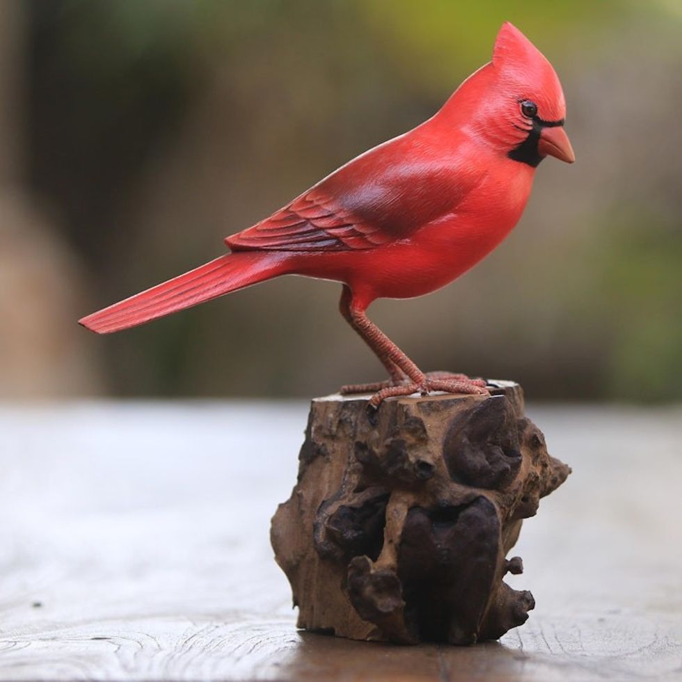 Hand-Painted Wood Virginia Cardinal Sculpture from Bali 'Perched Virginia Cardinal'