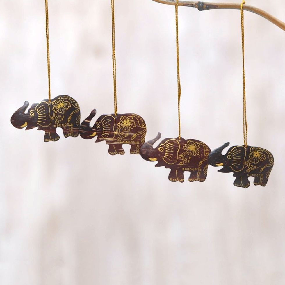 Set of 4 Coconut Shell Traditional Elephant Ornaments 'Imperial Elephants'