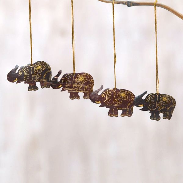 Alternate image for Set of 4 Coconut Shell Traditional Elephant Ornaments Imperial Elephants
