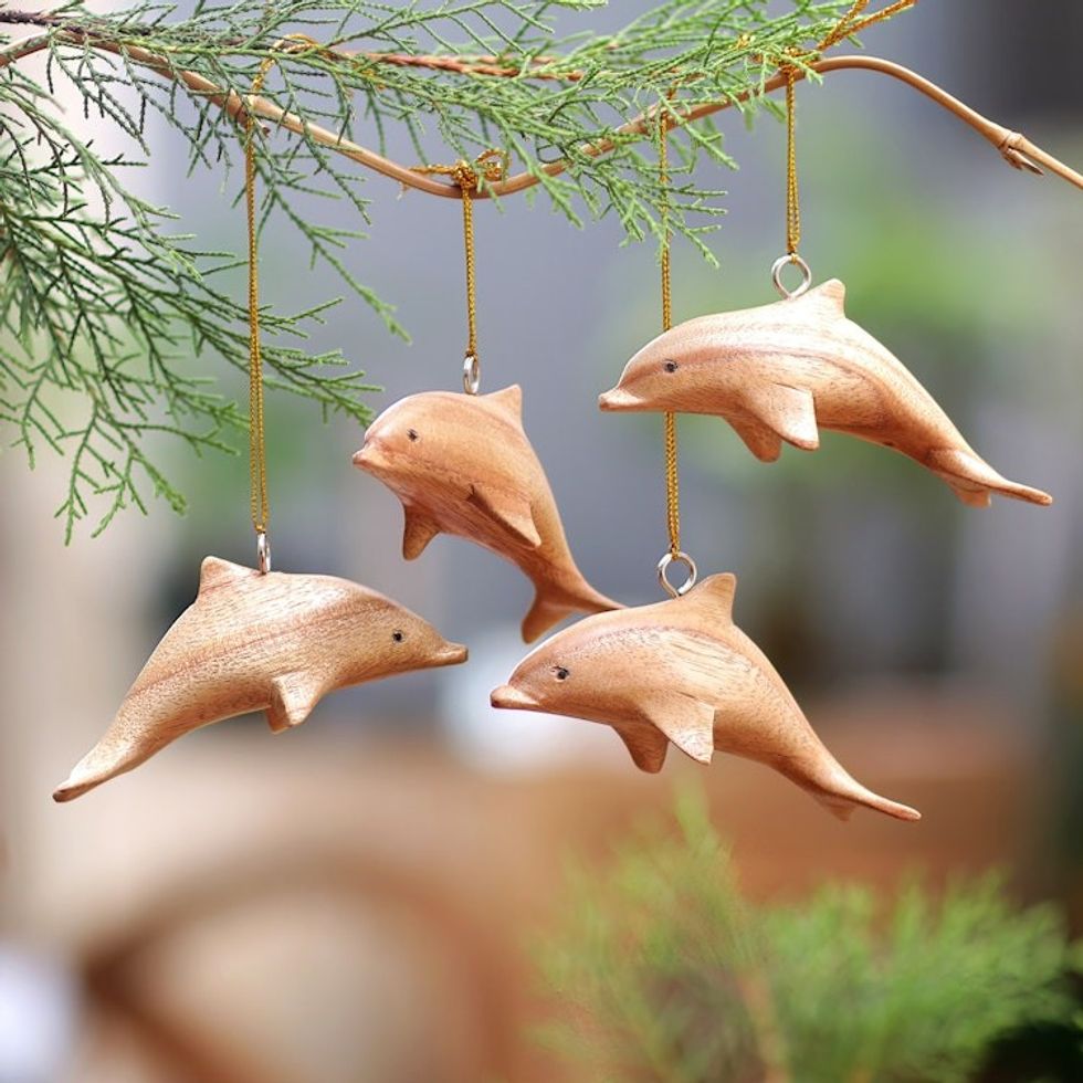 Hand-Carved Wood Dolphin Christmas Ornaments Set of 4 'Marvelous Dolphins'