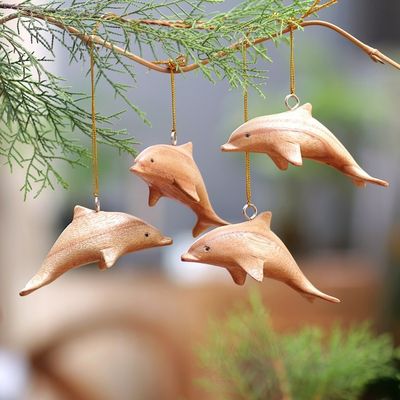 Alternate image for Hand-Carved Wood Dolphin Christmas Ornaments Set of 4 Marvelous Dolphins