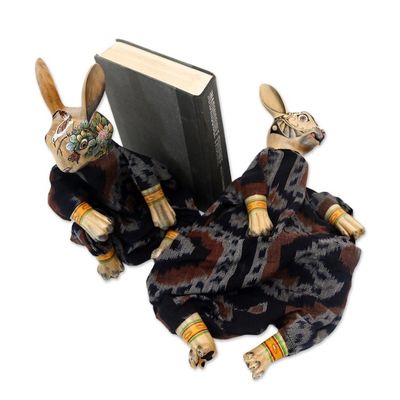 Alternate image for Indonesian Wood Rabbit Bookends Pair Rabbits Like to Read