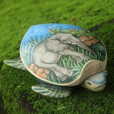 Alternate image for Hand Carved and Painted Turtle Box with Elephant Motif Turtle and Elephant