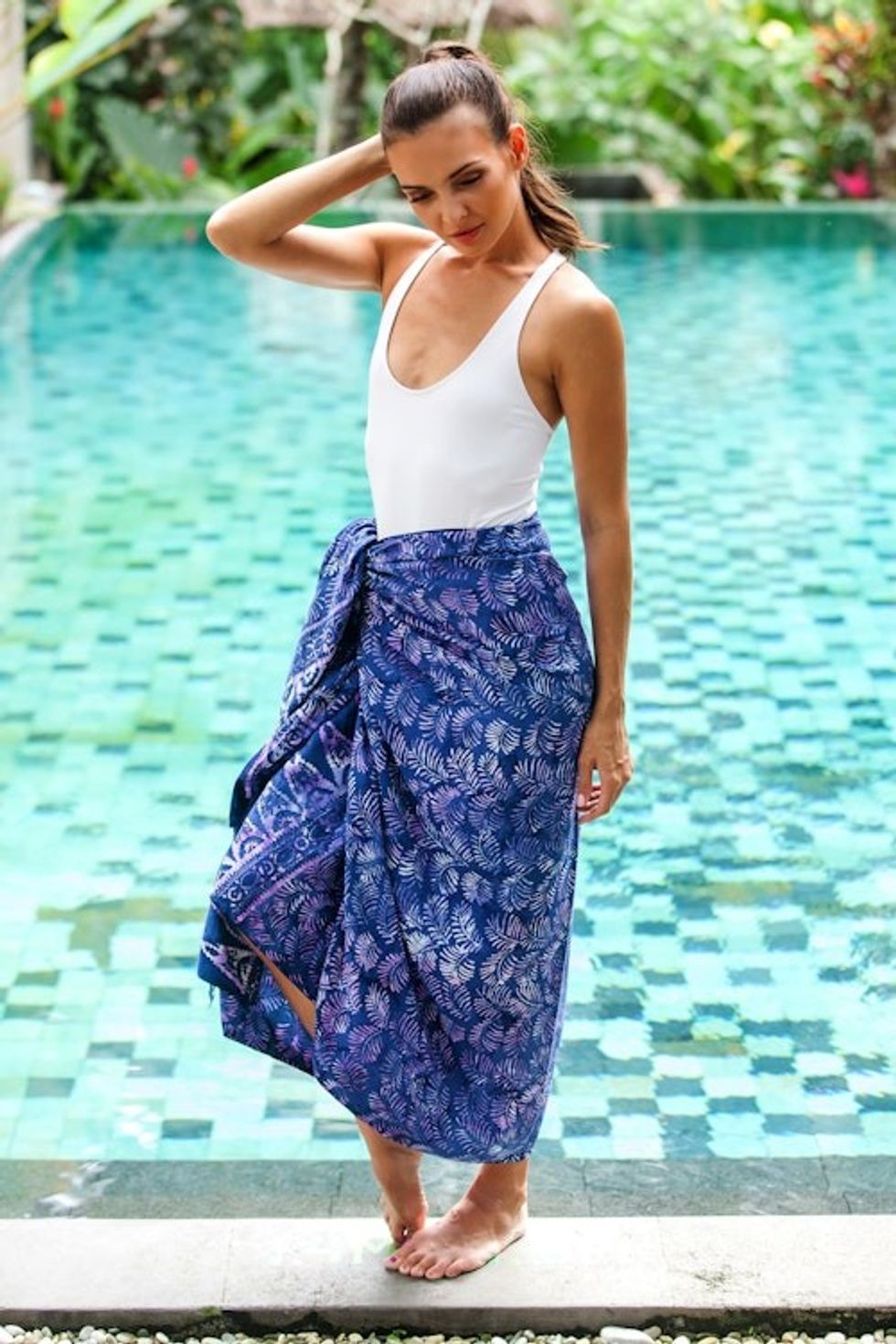Leaf Motif Batik Rayon Sarong in Purple from Bali 'Peaceful Fronds'