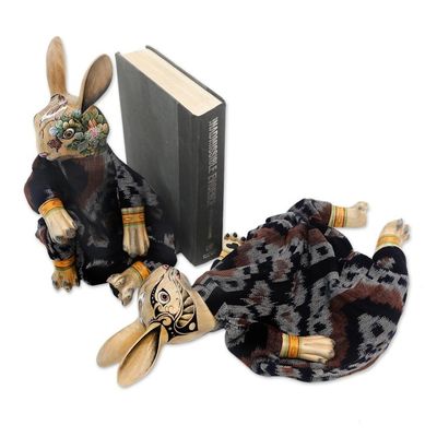 Alternate image for Indonesian Wood Rabbit Bookends Pair Rabbits Like to Read