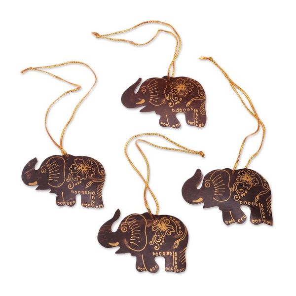 Alternate image for Set of 4 Coconut Shell Traditional Elephant Ornaments Imperial Elephants