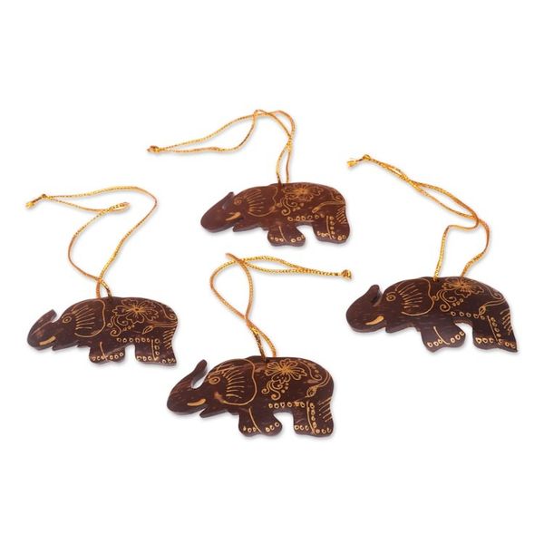 Alternate image for Set of 4 Coconut Shell Traditional Elephant Ornaments Imperial Elephants