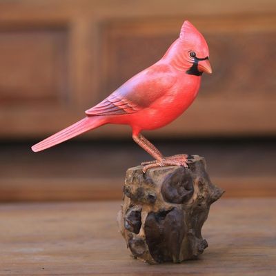 Alternate image for Hand-Painted Wood Virginia Cardinal Sculpture from Bali Perched Virginia Cardinal