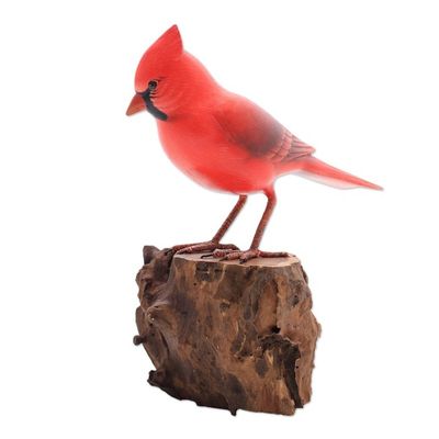 Alternate image for Hand-Painted Wood Virginia Cardinal Sculpture from Bali Perched Virginia Cardinal