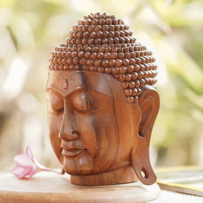 Alternate image for Buddha Head Sculpture in Balinese Suar Wood Buddha Head