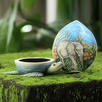 Alternate image for Hand Carved and Painted Turtle Box with Elephant Motif Turtle and Elephant
