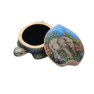 Alternate image for Hand Carved and Painted Turtle Box with Elephant Motif Turtle and Elephant
