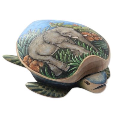 Alternate image for Hand Carved and Painted Turtle Box with Elephant Motif Turtle and Elephant
