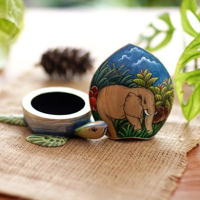 Alternate image for Hand Carved and Painted Turtle Box with Elephant Motif Turtle and Elephant
