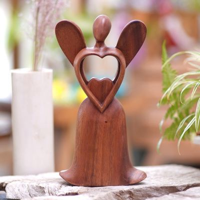 Alternate image for Handcrafted Suar Wood Angel Statuette Shining Heart