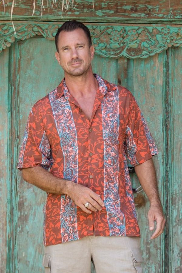 Alternate image for Mens Handcrafted Batik Leafy Rayon Shirt in Red and Blue Cinnabar Forest