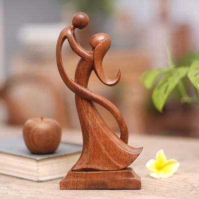 Alternate image for Balinese Hand-Carved Mother and Son Wood Sculpture Dancing with Son