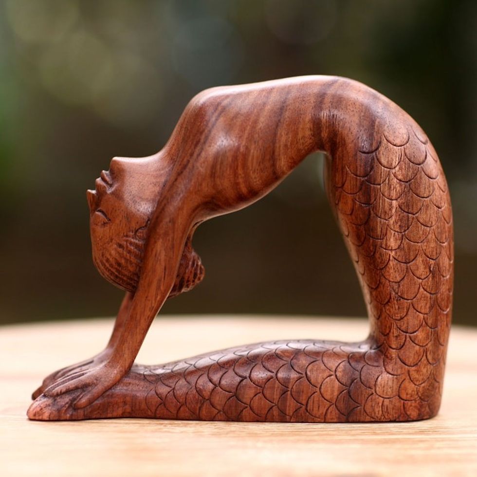 Hand Carved Signed Balinese Mermaid Sculpture 'Ustrasana Mermaid'