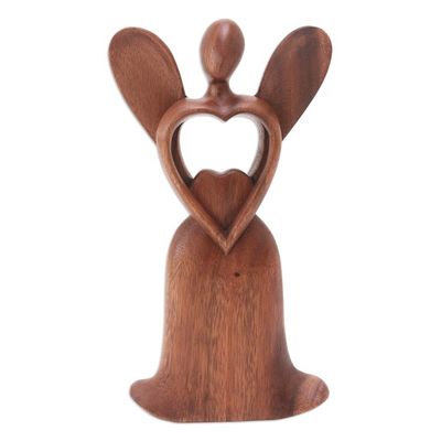Alternate image for Handcrafted Suar Wood Angel Statuette Shining Heart