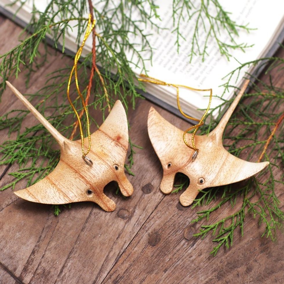 Pair of Hand-Carved Wood Stingray Christmas Ornaments 'Curious Stingrays'