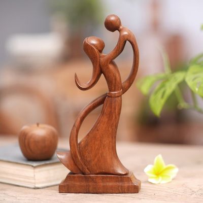Alternate image for Balinese Hand-Carved Mother and Son Wood Sculpture Dancing with Son