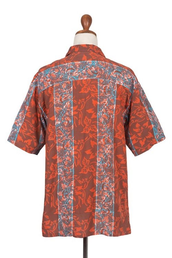 Alternate image for Mens Handcrafted Batik Leafy Rayon Shirt in Red and Blue Cinnabar Forest