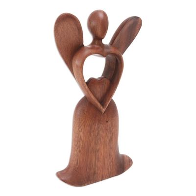 Alternate image for Handcrafted Suar Wood Angel Statuette Shining Heart