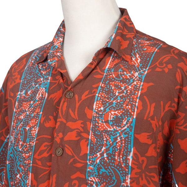 Alternate image for Mens Handcrafted Batik Leafy Rayon Shirt in Red and Blue Cinnabar Forest
