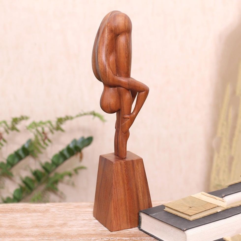 Hand-Carved Yoga-Themed Suar Wood Sculpture from Bali 'Yoga Expert'