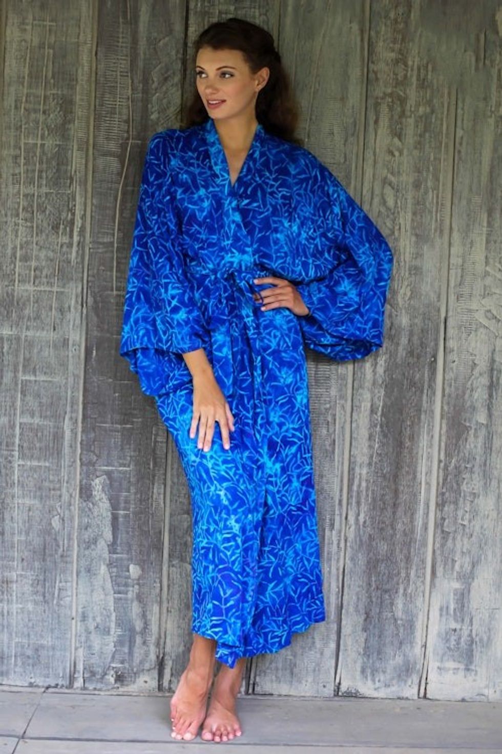 Blue Rayon Long Robe with Bamboo Batik Print from Indonesia 'Bamboo Blue'