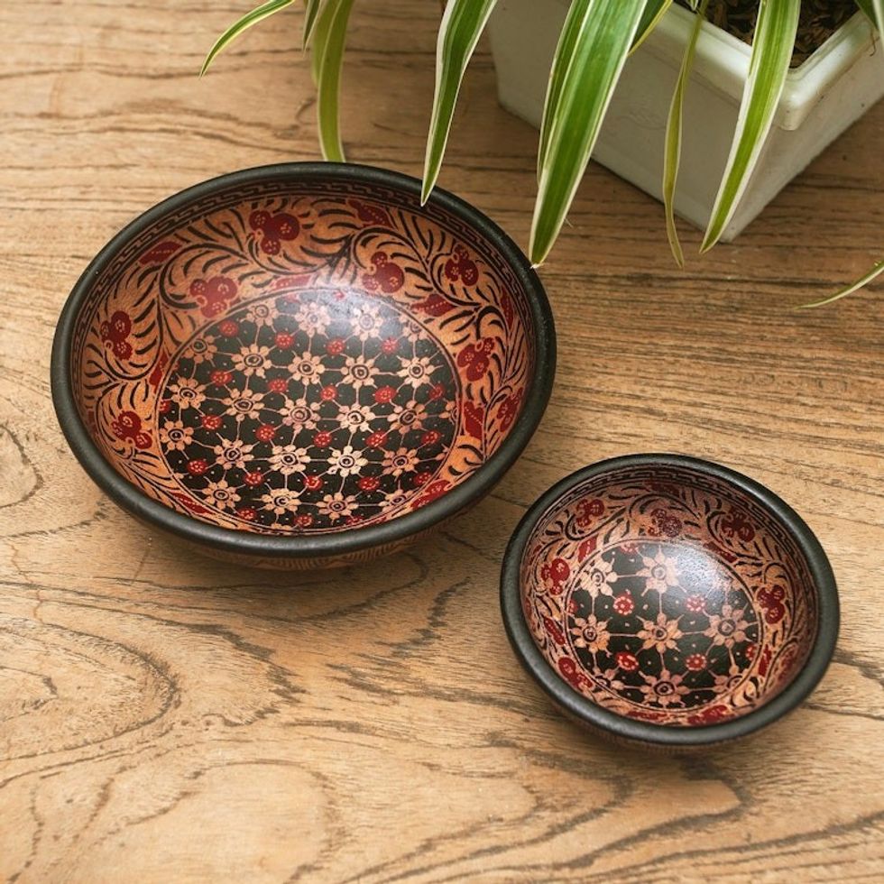 Red and Black Wadang Wood Batik Centerpieces Set of 2 'Truntum Spring'